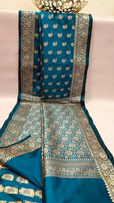 Semi Katan Saree, Turquoise, Festive, Elegant Indian Ethnic Wear - Saree - Aakritee - S10612